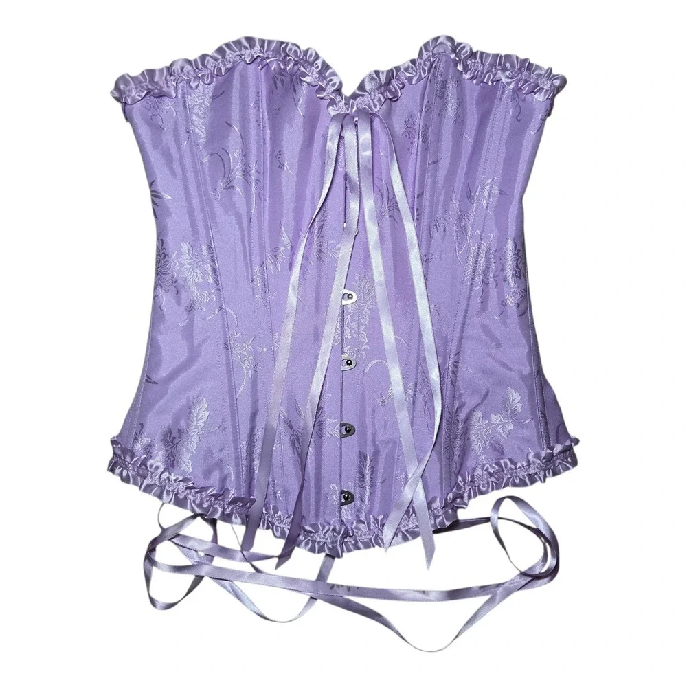 Lavender Satin Corset Top Lace Up Boned Bustier Floral Brocade Strapless Women S